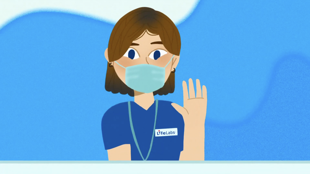 A frame from a healthcare explainer video for the BC CDC service GetCheckedOnline. This frame features a light-skinned Life Labs employee with brown hair. She is wearing a blue face mask and is waving hello.