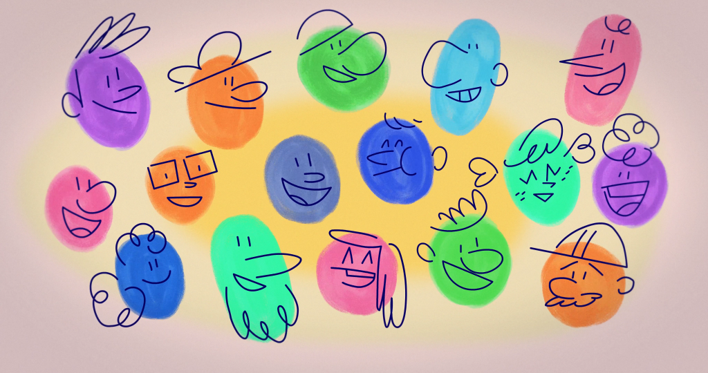 A frame from the animated episode "The Labour Movement," by The Animation Co-Op for The Canadian Labour Council. This frame features sixteen colourful circles as small cartoon faces.