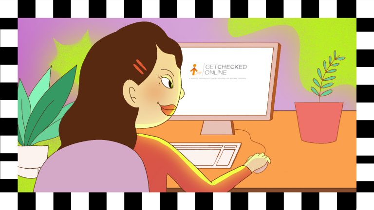 A style frame proposal for the BC CDC GetCheckedOnline healthcare explainer video project. This approach features a person sitting at a desk looking at the GetCheckedOnline logo on their computer screen. The user is a person with long brown hair, thick lips, almond-shaped eyes, and a slender frame. They are in a room that is decorated with bright colours.