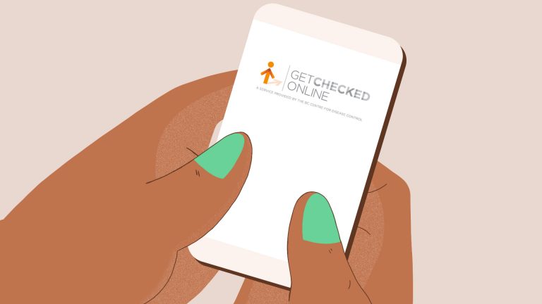 A style frame proposal for the BC CDC GetCheckedOnline healthcare explainer video project. This is a simple approach featuring a pair of brown hands holding a smartphone. They hands have bright seafoam green nails. The smartphone screen features the GetCheckedOnline logo.