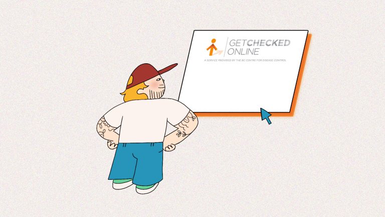 A style frame proposal for the BC CDC GetCheckedOnline healthcare explainer video project. This is a simple approach featuring a person with broad shoulders, blonde hair, facial hair, and big tattooed arms. They are wearing a red hat, a white t-shirt, and blue jeans. They are looking at a screen featuring the GetCheckedOnline logo.